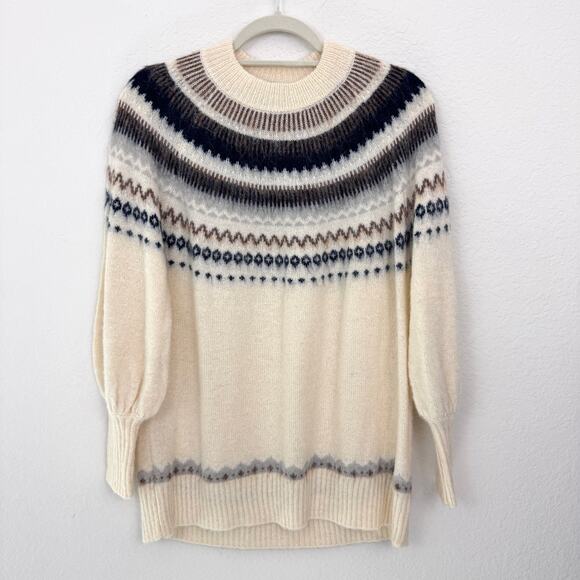 J. Crew Women Fair Isle Yoke Puff Sleeve Sweater Alpaca Wool Blend Cream Size S - Picture 1 of 8